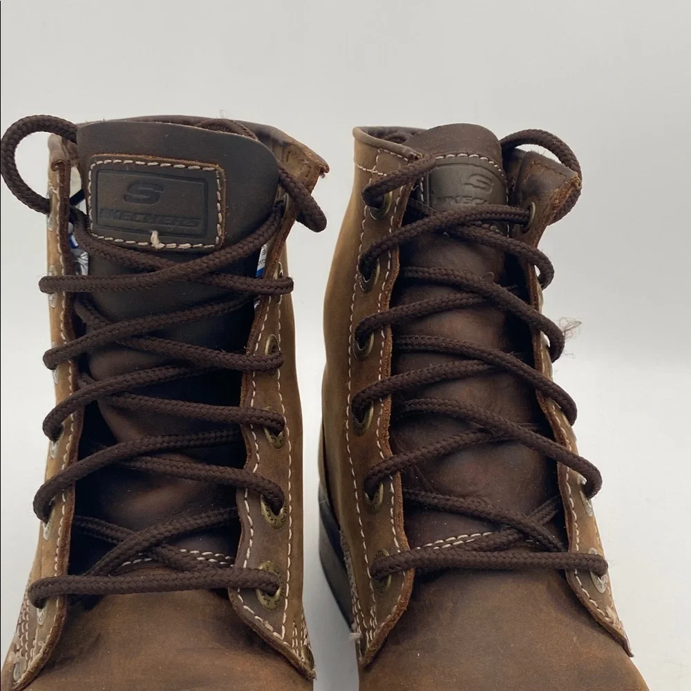 Skechers Brown Leather Lace-Up Boots biker boots women 8 casual office retro Y2K